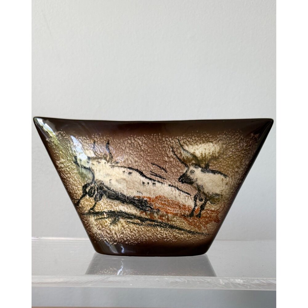 Vintage Sayei Japan MCM Pottery Vase Lascaux Cave Art Bulls Tribal Ceramic